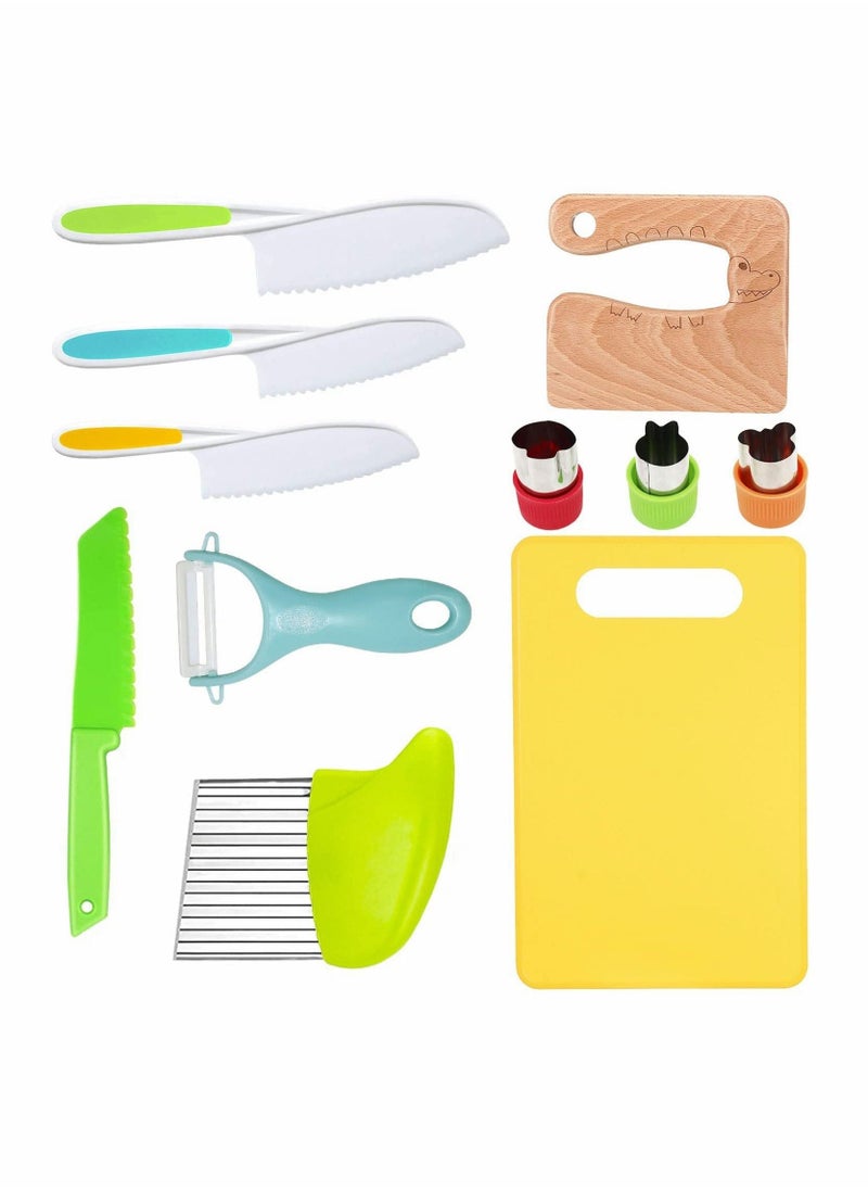 Wooden Kids Kitchen Knife Set Include Wood Kids Safe Knife, Serrated Edges Plastic Toddler Knife, Crinkle Cutter, Sandwich Cutter, Y Peeler, Cutting Board, 11 Pieces - Image 1
