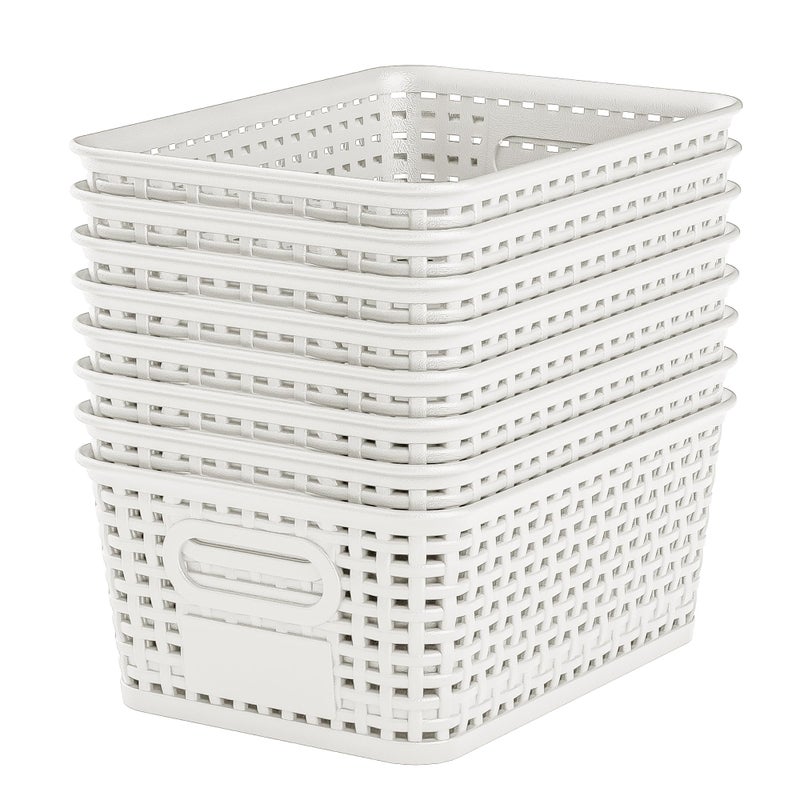 Wrrlors White Plastic Storage Baskets - Pack of 8 with Labels Stackable Durable Storage Bins, Storage Containers for Organizing Desktops, Closets, Playrooms, Classrooms, Offices - Image 1