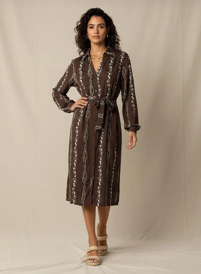 Splash FAV Knee Length Shirt Belted Dress with Floral Embroidery