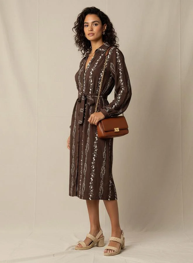 Splash FAV Knee Length Shirt Belted Dress with Floral Embroidery