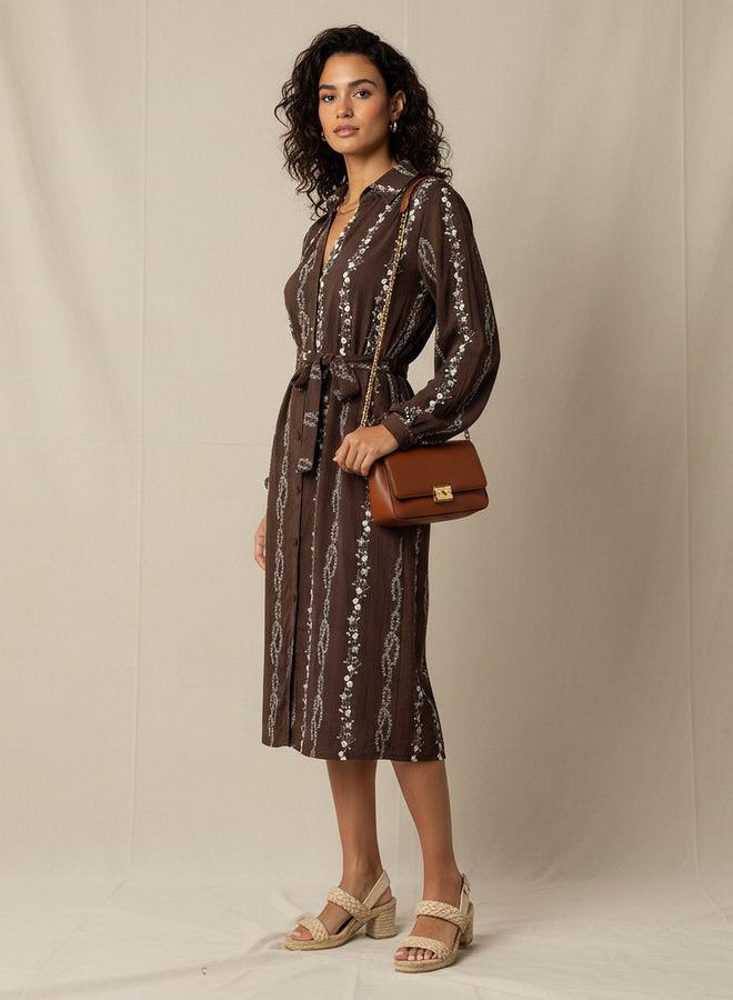 سبلاش فيڤ فستان بحزام بطول الركبة مطرز بالزهور - Image 2