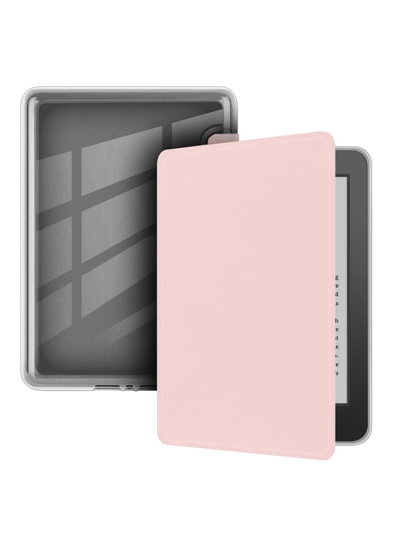 Clear Back Slimshell Leather Case for Kindle Paperwhite 12th Generation 2024, 7 inch or Kindle Colorsoft Signature Edition, Transparent Shockproof Hard Cover with Auto Sleep/Wake (Pink) - Image 1
