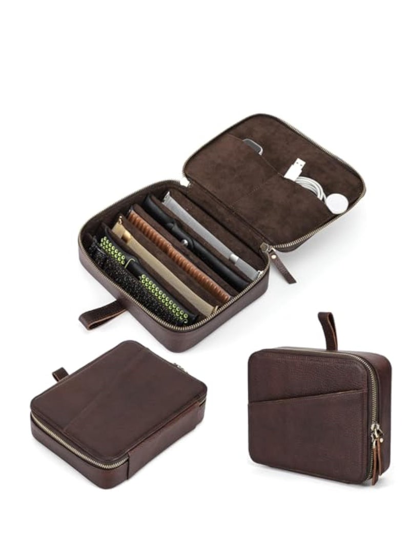 KASTWAVE Watch Box, Top Grain Genuine Leather Watch & Band Organizer Box, Solid Vintage Design, Handmade, Large Capacity with 6 Band Slots & 2 Watch Pockets for Traveling, Premium Watch Display Case, 8 Slots - Image 1