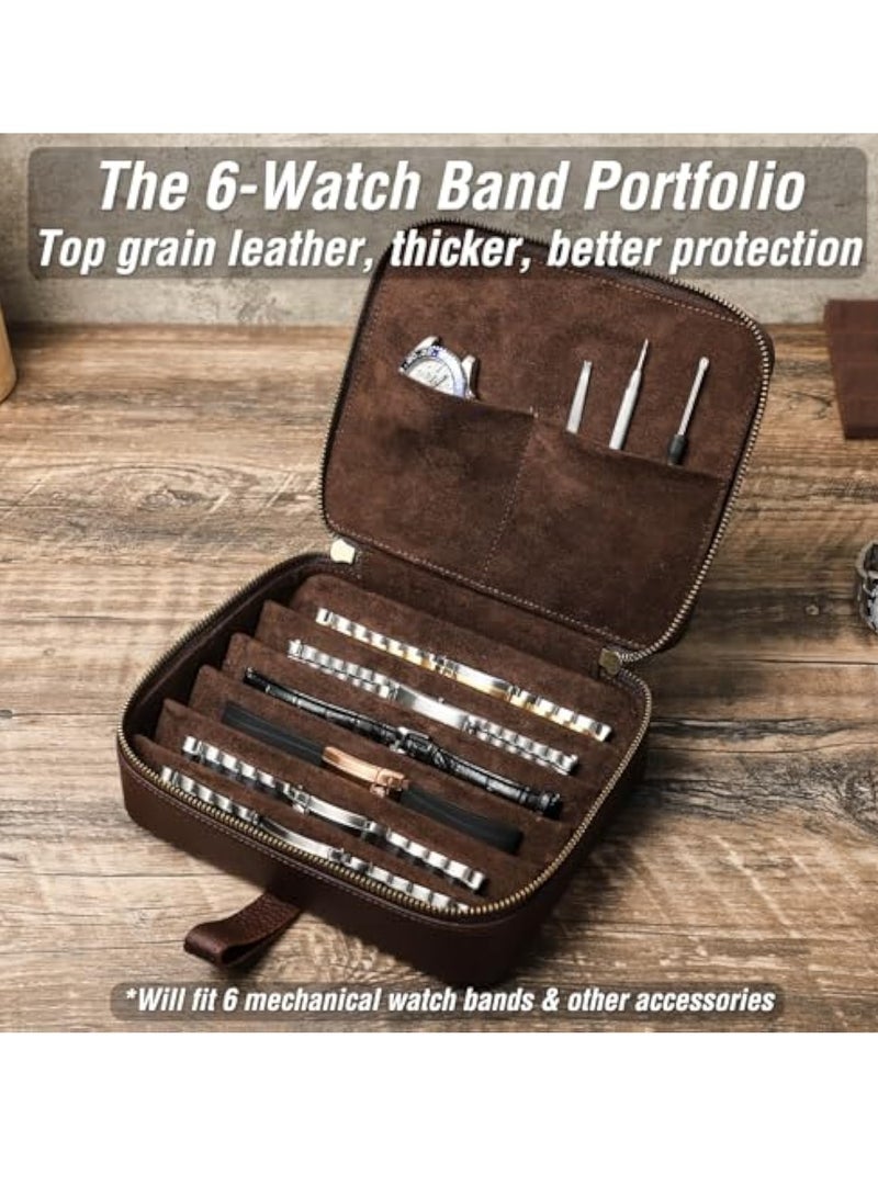 KASTWAVE Watch Box, Top Grain Genuine Leather Watch & Band Organizer Box, Solid Vintage Design, Handmade, Large Capacity with 6 Band Slots & 2 Watch Pockets for Traveling, Premium Watch Display Case, 8 Slots - Image 2
