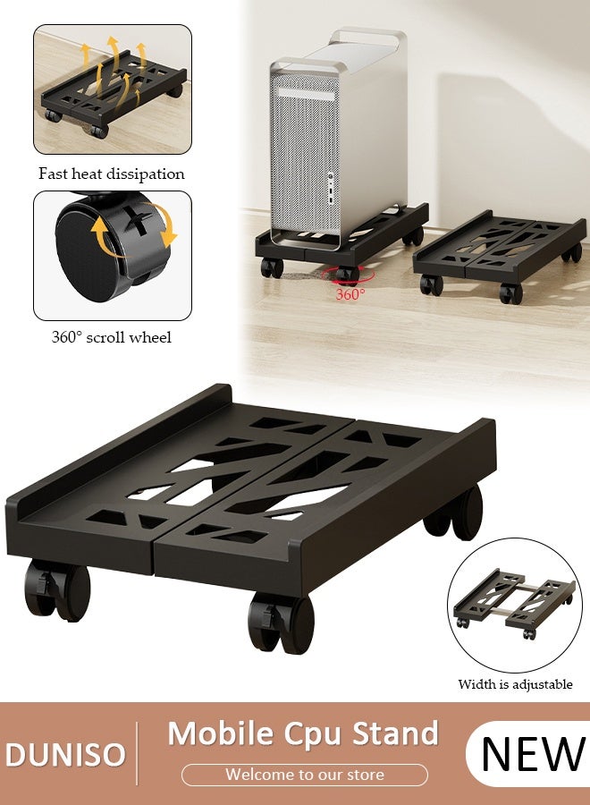 DUNISO Adjustable CPU Stand, Mobile PC Rack,Hollow Cooling Pc Host Tower Stand, CPU Bracket cart with Wheels，Desktop PC Host Base Tray,Movable Pulley Chassis Shelf, Computer Tower Stand, CPU Holder Stand for Home, Office - Image 1