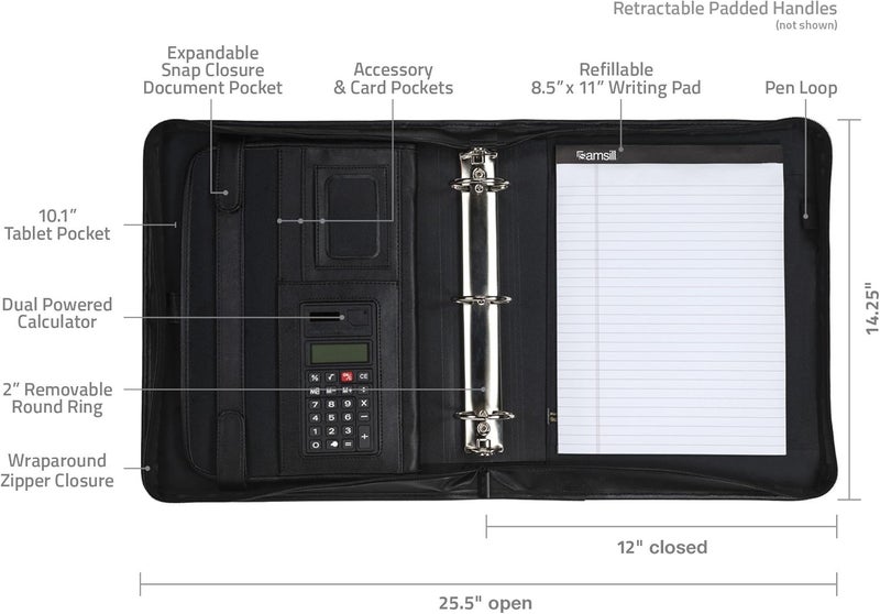 Samsill Samsill Professional PadfolioPortfolio with Zippered Closure Case 2 Inch Removable Round Ring Binder Retractable Handles Interior 101 Tablet Sleeve Black  - Image 4