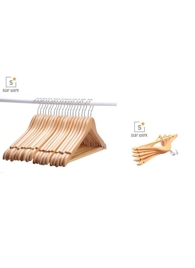 STAR WORK STAR WORK Solid Wood Natural Finish Garment Hangers With Non-Slip Bar And Precisely Cut Notches, 360 Degree Swivel Chrome Hook (18 Pieces)  - Image 3
