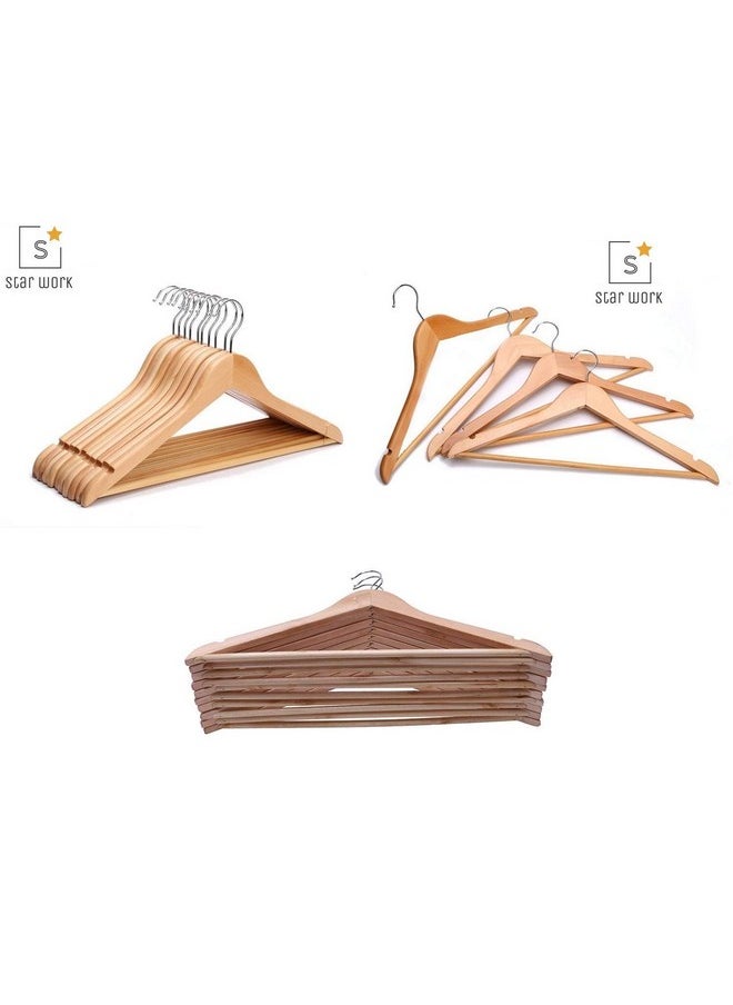 STAR WORK STAR WORK Solid Wood Natural Finish Garment Hangers With Non-Slip Bar And Precisely Cut Notches, 360 Degree Swivel Chrome Hook (18 Pieces)  - Image 2