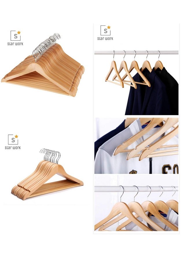STAR WORK STAR WORK Solid Wood Natural Finish Garment Hangers With Non-Slip Bar And Precisely Cut Notches, 360 Degree Swivel Chrome Hook (18 Pieces)  - Image 4