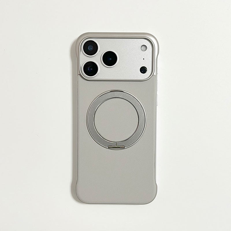 Ultra-Thin Frameless Metal Phone Case with Hidden Kickstand and Leather Back Plate, Compatible with iPhone 17, Apple, Huawei, Xiaomi - Image 1