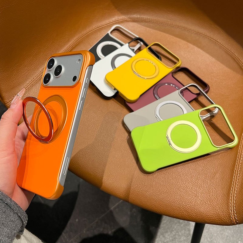 Ultra-Thin Frameless Metal Phone Case with Hidden Kickstand and Leather Back Plate, Compatible with iPhone 17, Apple, Huawei, Xiaomi - Image 2