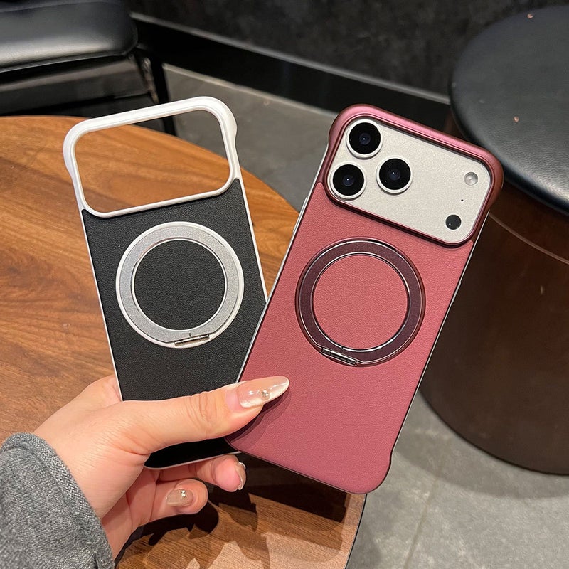 Ultra-Thin Frameless Metal Phone Case with Hidden Kickstand and Leather Back Plate, Compatible with iPhone 17, Apple, Huawei, Xiaomi - Image 4