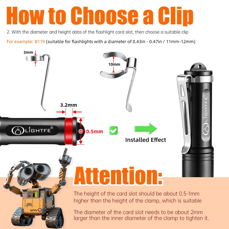 LIGHTFE B119 Flashlight Clip for 11-12 mm Diameter and 3-3.4 mm Slot Width - Stainless Steel Pen Clip for Hat, Pocket, or Bag Use - Image 4