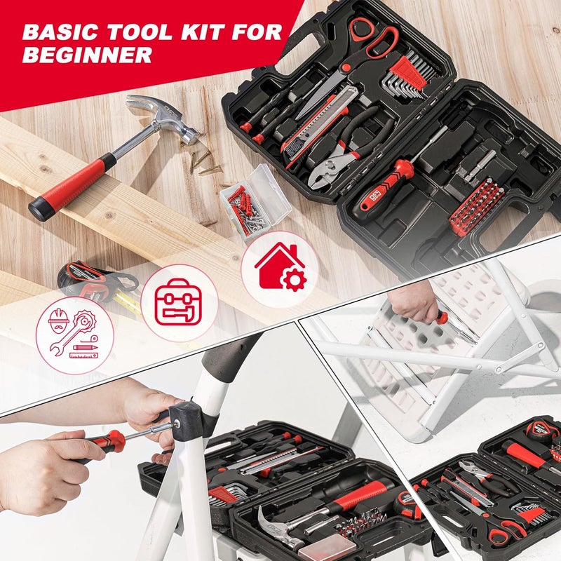 Prostormer 93-Piece Tool Kit, Basic Household Repair Tool Set with Toolbox Storage Case, Small Starter Tool Box Kit for Homeowners and College Students (Red) - Image 5