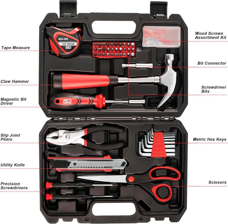 Prostormer 93-Piece Tool Kit, Basic Household Repair Tool Set with Toolbox Storage Case, Small Starter Tool Box Kit for Homeowners and College Students (Red) - Image 3