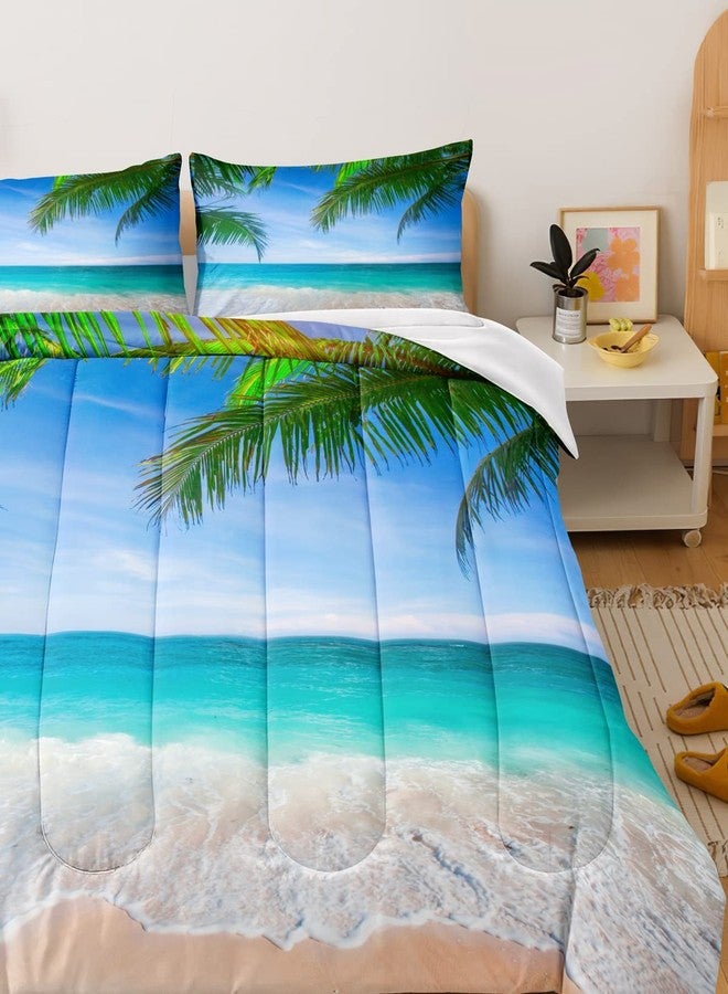 BDUCOK Ocean Comforter Set Queen Size Beach Bedding Set Tropical Palm Tree Hawaii Ocean Comforter Set Sunny Beach Coastal Nature Theme All Season Comforter Queen Size 1 Comforter wiht 2 Pillowcases - Image 3