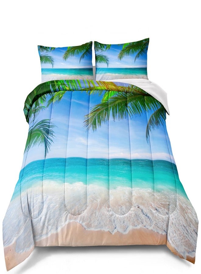 BDUCOK Ocean Comforter Set Queen Size Beach Bedding Set Tropical Palm Tree Hawaii Ocean Comforter Set Sunny Beach Coastal Nature Theme All Season Comforter Queen Size 1 Comforter wiht 2 Pillowcases - Image 1
