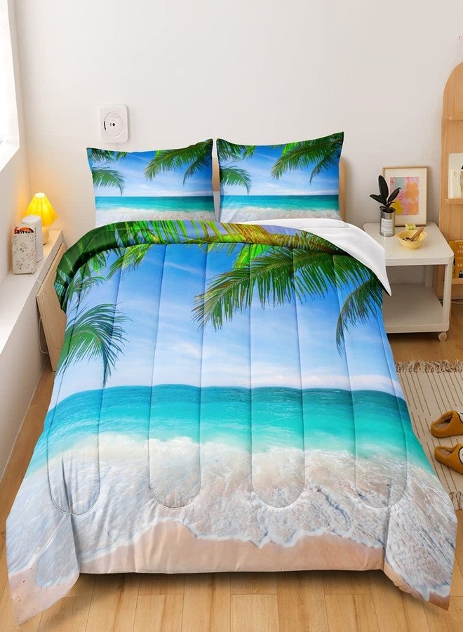 BDUCOK Ocean Comforter Set Queen Size Beach Bedding Set Tropical Palm Tree Hawaii Ocean Comforter Set Sunny Beach Coastal Nature Theme All Season Comforter Queen Size 1 Comforter wiht 2 Pillowcases - Image 2