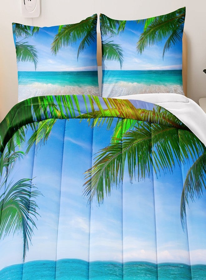 BDUCOK Ocean Comforter Set Queen Size Beach Bedding Set Tropical Palm Tree Hawaii Ocean Comforter Set Sunny Beach Coastal Nature Theme All Season Comforter Queen Size 1 Comforter wiht 2 Pillowcases - Image 4