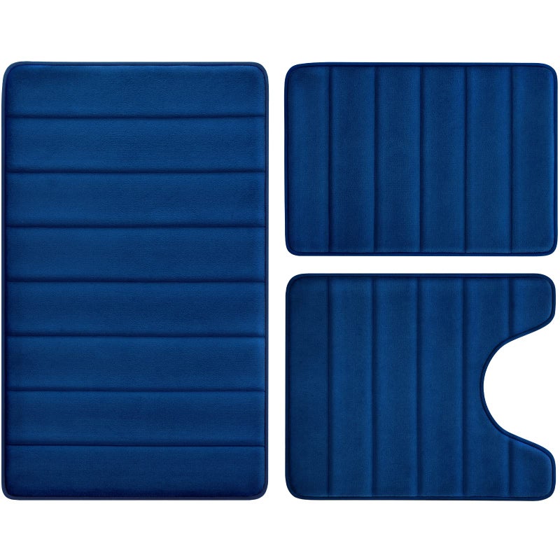 BYSURE Navy Blue Memory Foam Bathroom Rug Set 3 Piece Non Slip Extra Soft Absorbent Bath Mats Machine Washable  Dry Toilet Mat Sets for Bathroom Floor