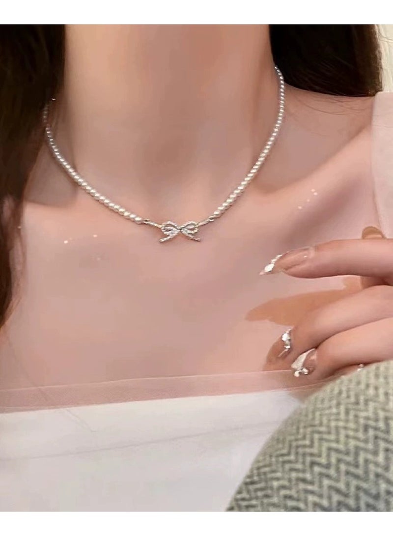 Goolsky French Pearl Bow Necklace – Elegant Mini Bead Strand Choker for Women, Luxury Small Pearl Pendant Necklace  - Image 3