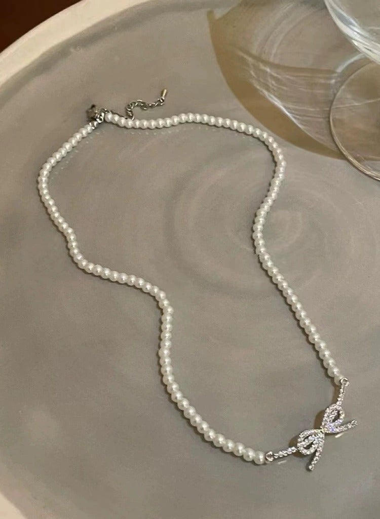 Goolsky French Pearl Bow Necklace – Elegant Mini Bead Strand Choker for Women, Luxury Small Pearl Pendant Necklace  - Image 4