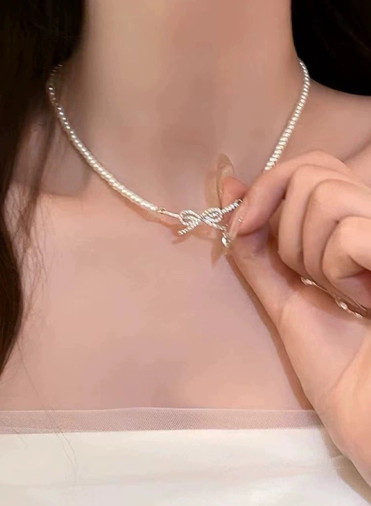 Goolsky French Pearl Bow Necklace – Elegant Mini Bead Strand Choker for Women, Luxury Small Pearl Pendant Necklace  - Image 5