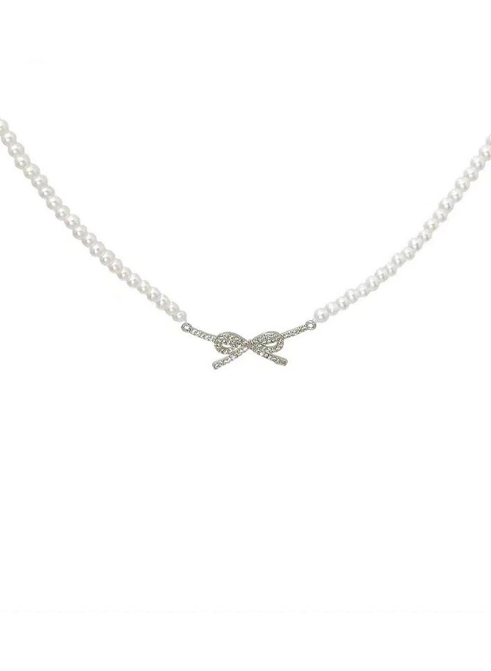 Goolsky French Pearl Bow Necklace – Elegant Mini Bead Strand Choker for Women, Luxury Small Pearl Pendant Necklace  - Image 2