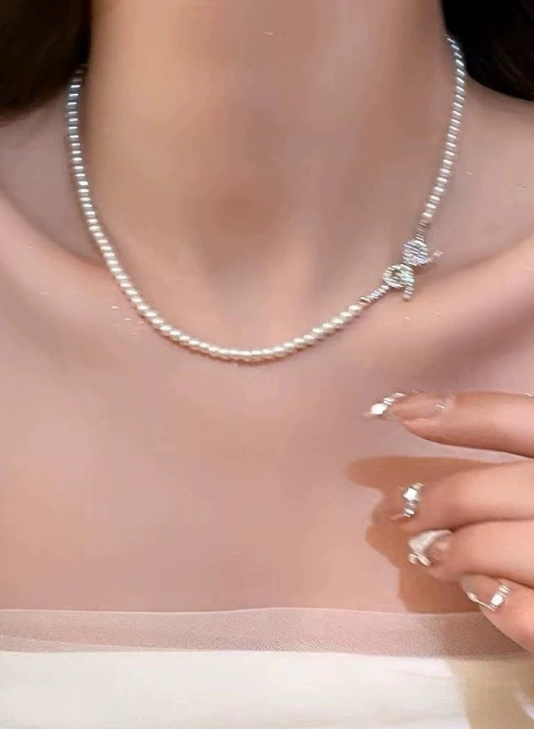 Goolsky French Pearl Bow Necklace – Elegant Mini Bead Strand Choker for Women, Luxury Small Pearl Pendant Necklace  - Image 1