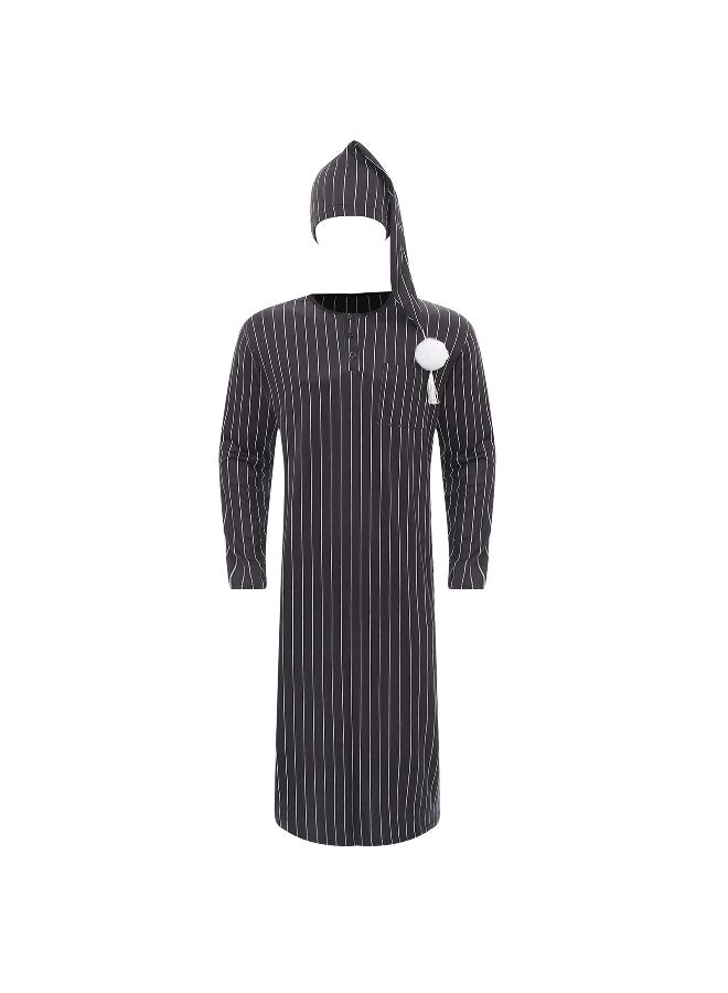 Mens Striped Sleep Robe with Long Sleeves and Adjustable Pompom Hat for Cozy Nightwear