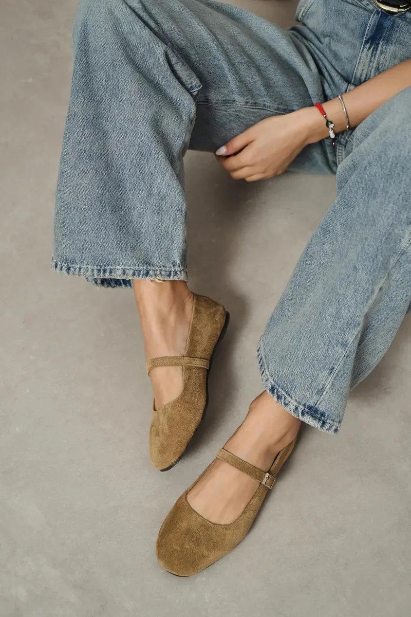 Nisantasi Shoes Mono Genuine Leather Buckle Detail Ballet Flat — Rome Beige