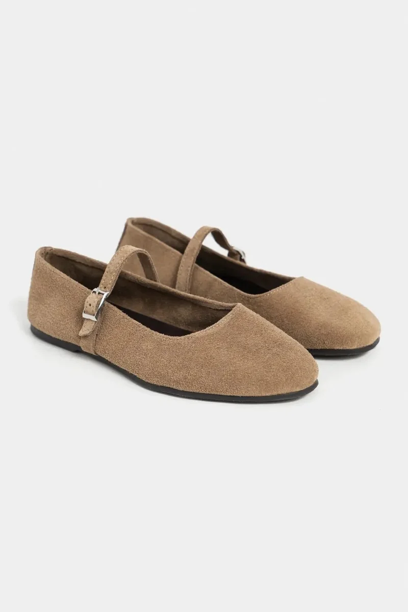 Nisantasi Shoes  Mono Genuine Leather Buckle Detail Ballet Flat — Rome Beige for Women | Best Price UAE