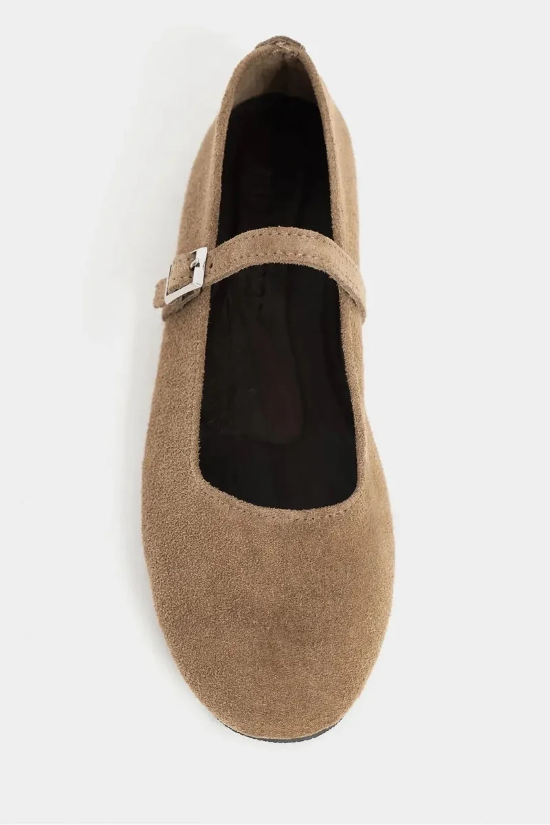 Nisantasi Shoes  Mono Genuine Leather Buckle Detail Ballet Flat — Rome Beige for Women | Best Price UAE