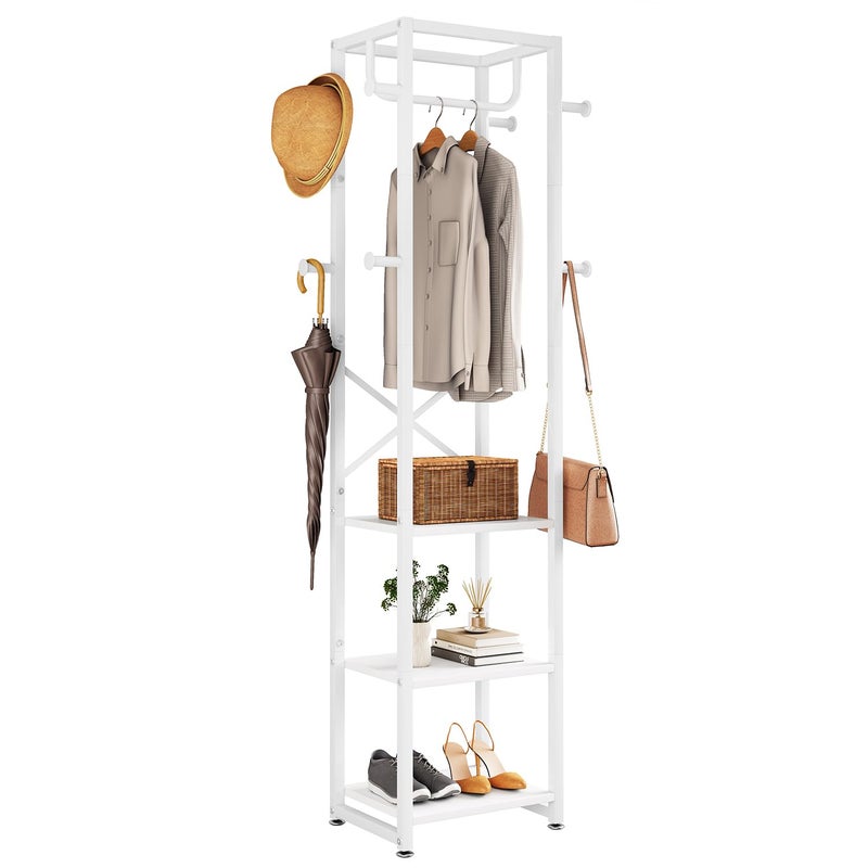 IBUYKE Coat Rack with Shelves Freestanding Hall Tree with 3 Shelves and 8 Hooks Industrial Clothes Stand for Entryway Hallway Bedroom White UTMJ088W