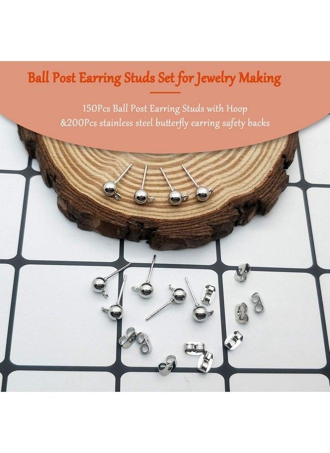 Oubaka - 150Pcs Ball Post Earring Studs For Jewelry Makingearring Studs Ball Ear Pin Ball Post Earrings With Loop With 200Pcs Butterfly Earring Back Replacements For Diy Jewelry Making Findings(White K) - Image 1