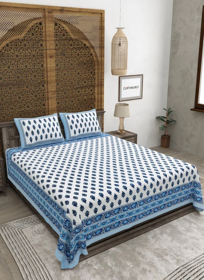 CLOTHOLOGY CLOTHOLOGY Blue Floral Pure Cotton 180 TC King Size Bedsheet with 2 Pillow Covers