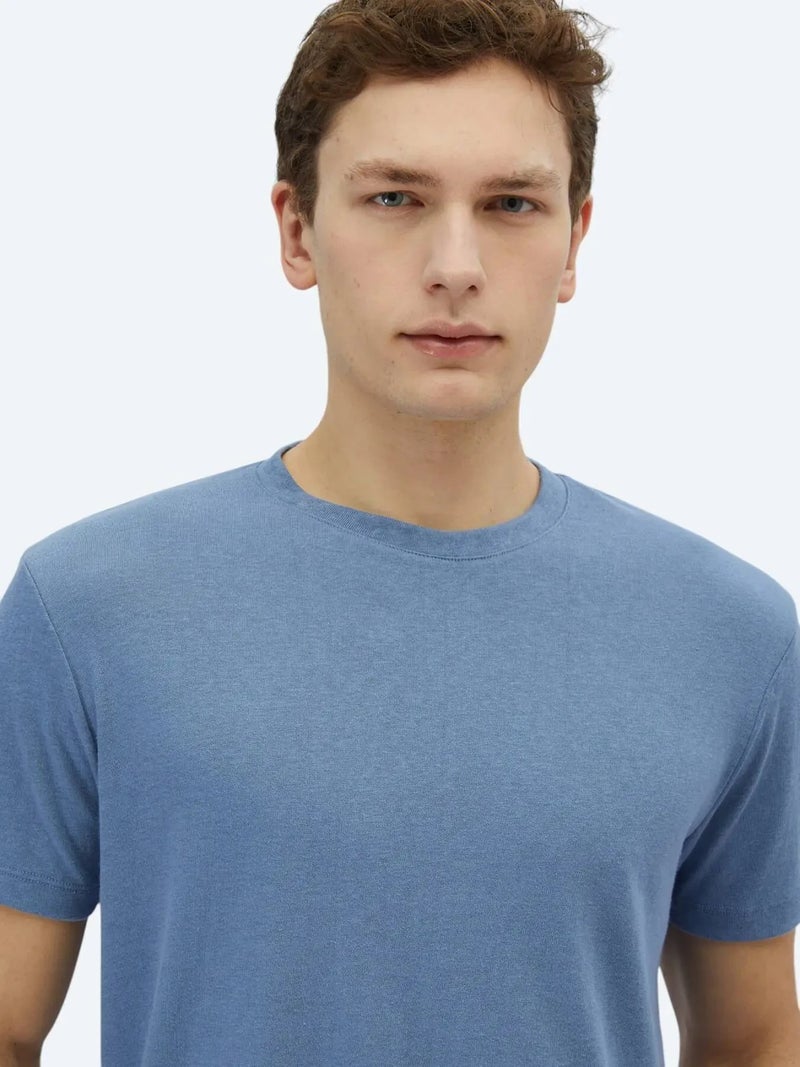 Kip Light Blue Plain Crew Neck Cotton Blended T-Shirt - Image 3