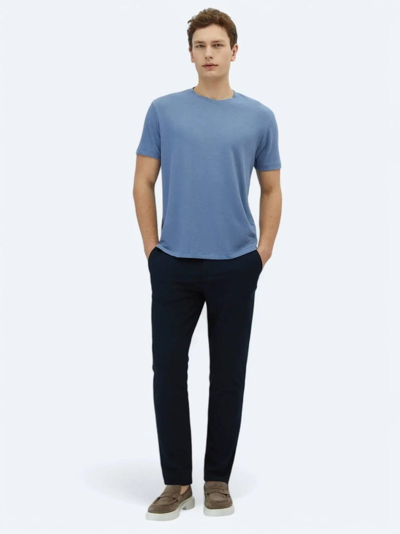 Kip Light Blue Plain Crew Neck Cotton Blended T-Shirt - Image 2