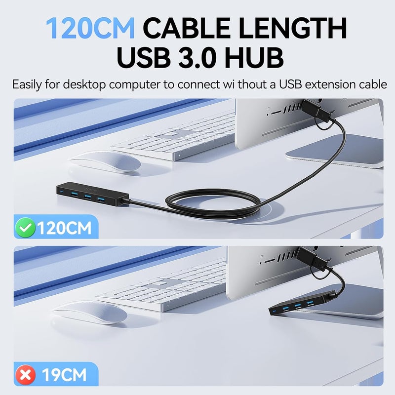 Aceele USB C/A Hub for Laptop, Ultra Slim USB Splitter 4 Port USB 3.0 Data Hub, Multi USB Port Expander with 4Ft Long Extension Cable for Desktop Mini PC,MacBook Air/Pro, iMac, PS5, Flash Drive - Image 4