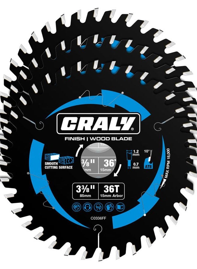 CRALY 3-3/8 Inch 36 Teeth Fine Finish Wood Cutting Circular Saw Blade, 15mm Arbor, Carbide Tipped, Thin Kerf, Black Ice™ Coating, for Plywood, MDF, OSB, Laminated, 3-Pack(C0336FF-3) - Image 1