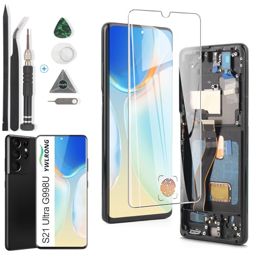 YWLRONG شاشة OLED لاستبدال شاشة سامسونج جالاكسي S21 ألترا 5G لشاشة سامسونج S21 ألترا G998U مع أدوات (يدعم بصمة الإصبع، إطار أسود) - Image 1