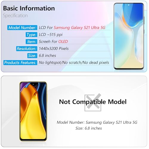 YWLRONG شاشة OLED لاستبدال شاشة سامسونج جالاكسي S21 ألترا 5G لشاشة سامسونج S21 ألترا G998U مع أدوات (يدعم بصمة الإصبع، إطار أسود) - Image 3