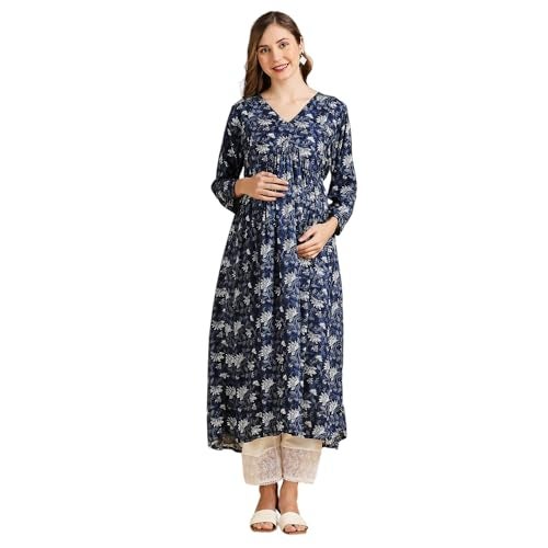 MomToBe Women's Rayon Maternity Kurta/Pregnancy Kurti/Easy Breastfeeding Kurta with Zippers for Nursing Pre and Post Pregnancy (XXX-Large, Dark Blue) - Image 1