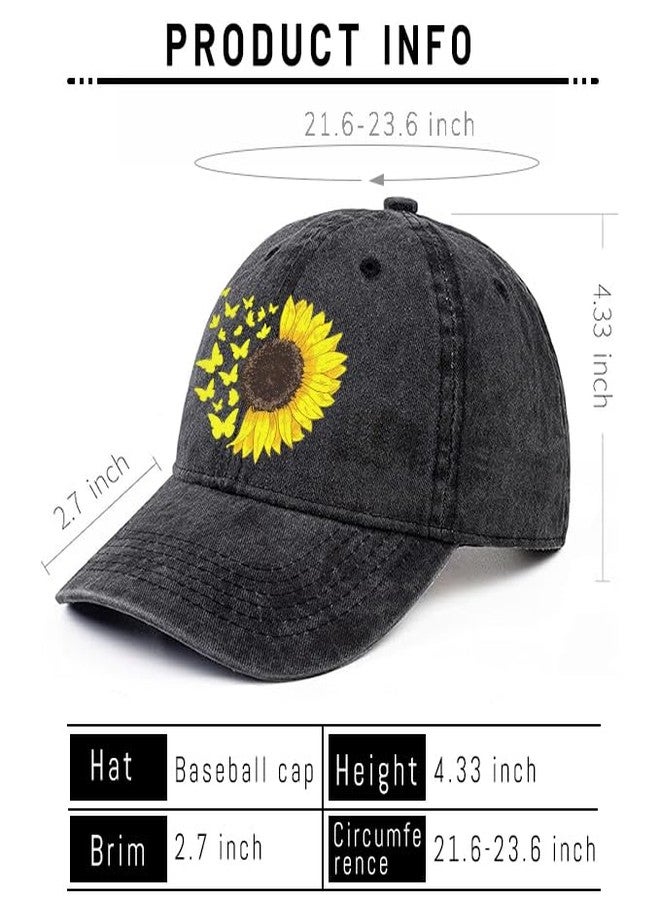 Negi Sunflower Hat Ball Cap Women Baseball Cap Butterfly Dad Hat Washed Plain Baseball Cap Black Sunflower Hats for Women Girls Distressed Cotton Fitted Hats for Men - Image 3