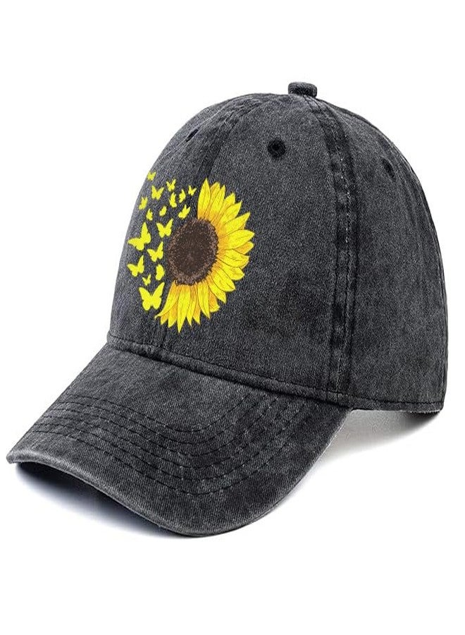 Negi Sunflower Hat Ball Cap Women Baseball Cap Butterfly Dad Hat Washed Plain Baseball Cap Black Sunflower Hats for Women Girls Distressed Cotton Fitted Hats for Men - Image 2