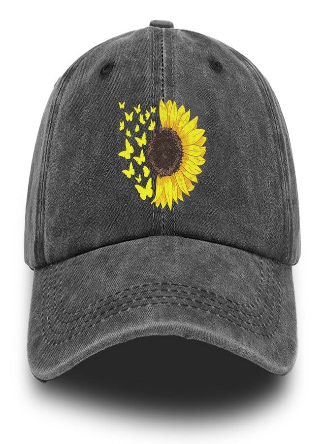 Negi Sunflower Hat Ball Cap Women Baseball Cap Butterfly Dad Hat Washed Plain Baseball Cap Black Sunflower Hats for Women Girls Distressed Cotton Fitted Hats for Men - Image 1