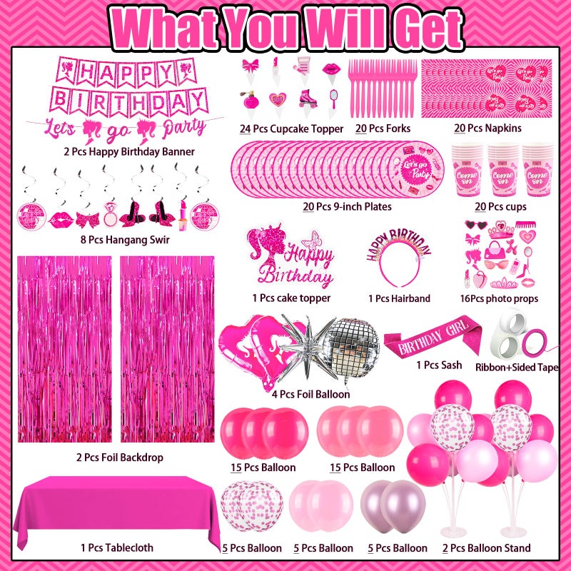 Kooterfun 187Pcs Hot Pink Birthday Party Decoration Supplies, with 20 Plates Tableware Set and Birthday Banner Backdrop Foil Balloons Stand Cake Toppers Sunglasses Photo props Etc for Girls Women Party Decor - Image 2