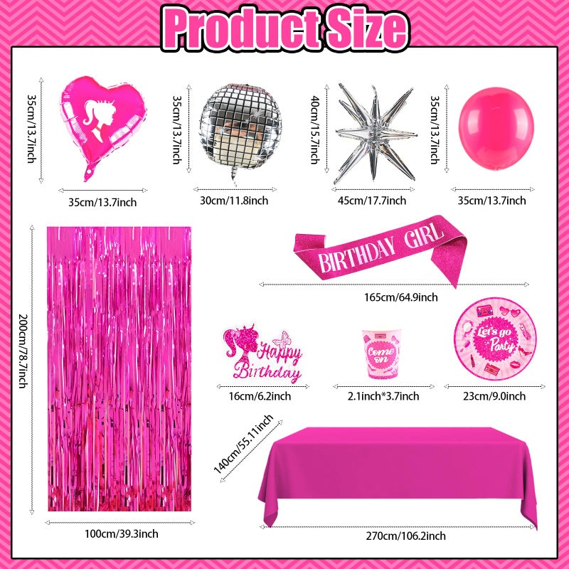 Kooterfun 187Pcs Hot Pink Birthday Party Decoration Supplies, with 20 Plates Tableware Set and Birthday Banner Backdrop Foil Balloons Stand Cake Toppers Sunglasses Photo props Etc for Girls Women Party Decor - Image 3