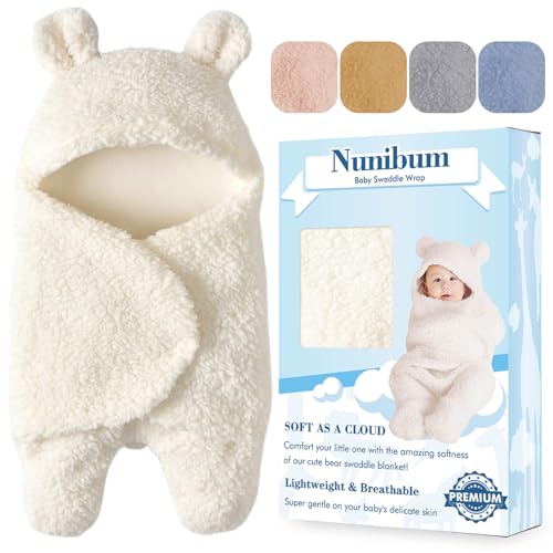 Nunibum Baby Swaddle Blanket Boys Girls Cute Bear Plush Essential Receiving Blanket Ultra-Soft Newborn Registry Sleeping Wraps for Infant 0-6 Months - White - Image 1