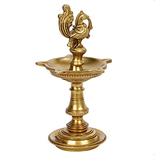Artvarko Brass Bird Traditional Peacock 5 Wick Diya Oil Lamp Table Decor Diyas for Pooja Religious Diwali Gifts with Stand for Home Puja Temple Showpiece 8 Inch - Image 3